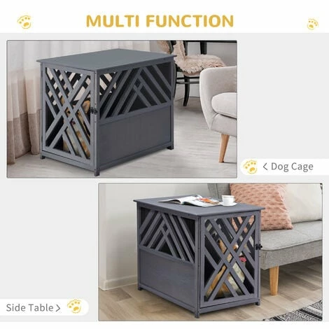 Pawhut Wooden Dog Crate Medium Cage Side Table with Lockable Door, Grey Pawhut Wooden Dog Crate Medium Cage Side Table With Lockable Door, Grey -PawHut Shop 50886427 4