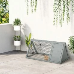PawHut Wooden Rabbit Hutch Triangle Bunny Ferret Cage Guinea Pig Run Grey -PawHut Shop 50886445 3