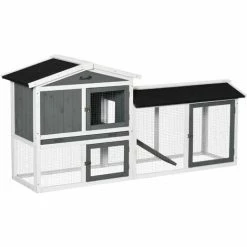 PawHut Two-Tier Wooden Rabbit Hutch W/ Run Box, Slide-Out Tray, Ramp - White