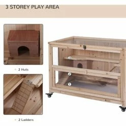 PawHut Wooden Hamster Cage, Mice Rodent Small Animals Kit Hutch, 3 Tiers Exercise Play House, With Wheels, Bottom Tray, 99 X 50 X 69 Cm, Natural Wood -PawHut Shop 50886521 4