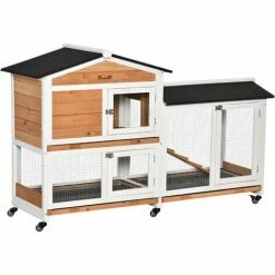 Front Page 46 PawHut Two-Tier Rabbit Hutch Outdoor And Run Wooden Mobile Guinea Pig Hutch Bunny Cage W/ Wheels, Run, Slide-Out Tray, Ramp 157.4 X 53 X 99.5 Cm