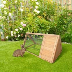 PawHut Wooden Rabbit Hutch Triangle Bunny Ferret Cage Guinea Pig Run Yellow -PawHut Shop 50910756 3