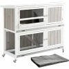 PawHut Two-Tier Wooden Rabbit Hutch W/ Wheels, Trough, Rain Cover, Tray - Grey