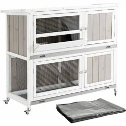 PawHut Two-Tier Wooden Rabbit Hutch W/ Wheels, Trough, Rain Cover, Tray - Grey