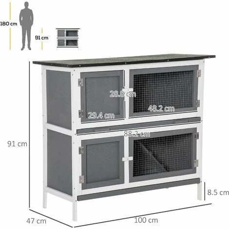 PawHut Double Decker Rabbit Hutch Bunny Cage Pet House Outdoor W/ Tray, Grey PawHut Double Decker Rabbit Hutch Bunny Cage Pet House Outdoor W/ Tray, Grey -PawHut Shop 52824363 2