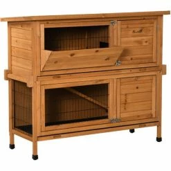 PawHut Double Decker Rabbit Hutch Bunny Cage Outdoor W/ Sliding Tray Ramp Handle