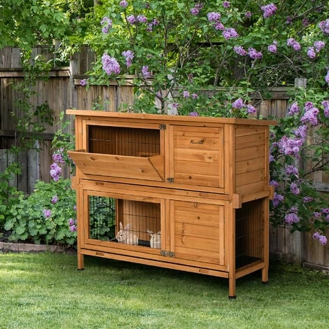 PawHut Double Decker Rabbit Hutch Bunny Cage Outdoor w/ Sliding Tray Ramp Handle PawHut Double Decker Rabbit Hutch Bunny Cage Outdoor W/ Sliding Tray Ramp Handle -PawHut Shop 53332008 3