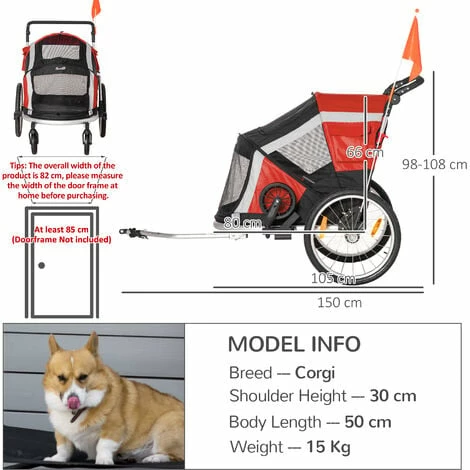 PawHut Two-In-One Dog Bicycle Trailer w/ Safety Leash, Reflectors - Red PawHut Two-In-One Dog Bicycle Trailer W/ Safety Leash, Reflectors - Red -PawHut Shop 53651620 2
