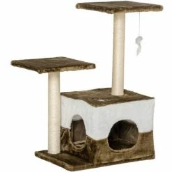 PawHut Cat Tree W/ Sisal Scratching Posts, House, Perches, Toy Mouse - Brown