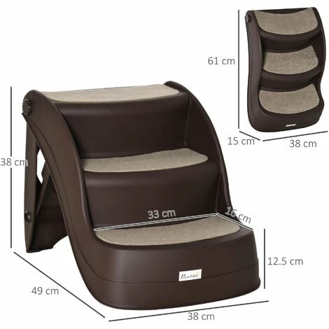 PawHut Foldable Pet Stairs 3 Steps with Non-slip Mats for Small Dogs, Brown PawHut Foldable Pet Stairs 3 Steps With Non-slip Mats For Small Dogs, Brown -PawHut Shop 53830140 2