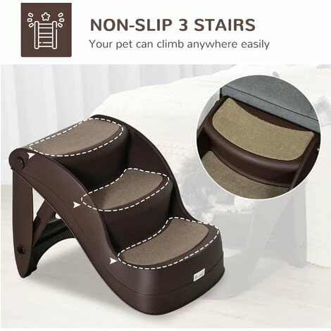 PawHut Foldable Pet Stairs 3 Steps with Non-slip Mats for Small Dogs, Brown PawHut Foldable Pet Stairs 3 Steps With Non-slip Mats For Small Dogs, Brown -PawHut Shop 53830140 4