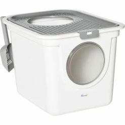PawHut Cat Litter Tray Pet Litter Box W/ Front Entrance, Top Exit, Scoop - White