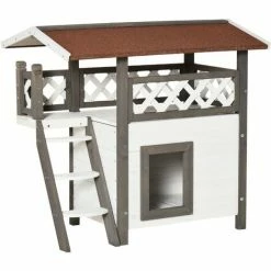 PawHut Cat House Outdoor Kitten Shelter Puppy Kennel W/ Balcony Stairs Roof