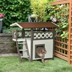 PawHut Cat House Outdoor Kitten Shelter Puppy Kennel W/ Balcony Stairs Roof 2 PawHut Cat House Outdoor Kitten Shelter Puppy Kennel W/ Balcony Stairs Roof -PawHut Shop 54395719 3