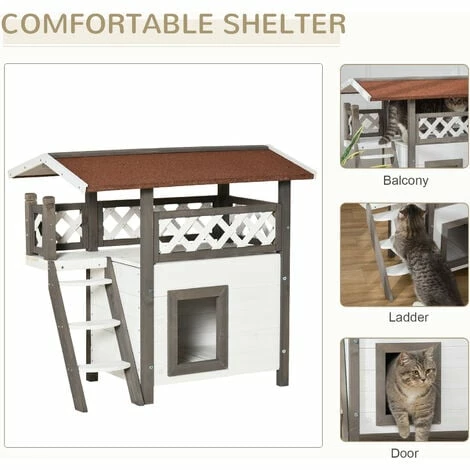 PawHut Cat House Outdoor Kitten Shelter Puppy Kennel w/ Balcony Stairs Roof PawHut Cat House Outdoor Kitten Shelter Puppy Kennel W/ Balcony Stairs Roof -PawHut Shop 54395719 4