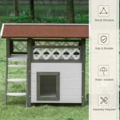 PawHut Cat House Outdoor Kitten Shelter Puppy Kennel W/ Balcony Stairs Roof 4 PawHut Cat House Outdoor Kitten Shelter Puppy Kennel W/ Balcony Stairs Roof -PawHut Shop 54395719 5