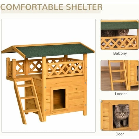 PawHut Cat House Outdoor Kitten Shelter Puppy Kennel w/ Balcony Stairs Roof PawHut Cat House Outdoor Kitten Shelter Puppy Kennel W/ Balcony Stairs Roof -PawHut Shop 54395728 4