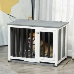 PawHut Wooden Dog Crate Foldable Dog Cage End Table For Small Medium Pets Grey -PawHut Shop 54395729 3