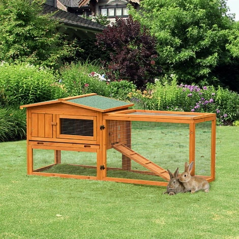 PawHut Rabbit Hutch and Run Outdoor w/ Sliding Tray Hay Rack Ramp, 156x58x68 cm PawHut Rabbit Hutch And Run Outdoor W/ Sliding Tray Hay Rack Ramp, 156x58x68 Cm -PawHut Shop 54395730 3