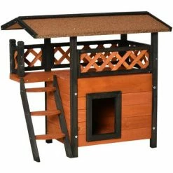 PawHut Cat House Outdoor Kitten Shelter Puppy Kennel W/ Balcony Stairs Roof