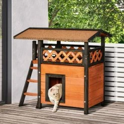 PawHut Cat House Outdoor Kitten Shelter Puppy Kennel W/ Balcony Stairs Roof -PawHut Shop 54395736 3