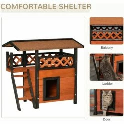 PawHut Cat House Outdoor Kitten Shelter Puppy Kennel W/ Balcony Stairs Roof -PawHut Shop 54395736 4