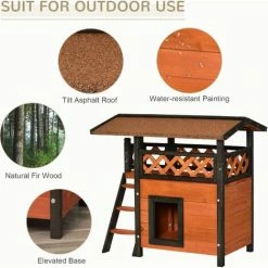 PawHut Cat House Outdoor Kitten Shelter Puppy Kennel W/ Balcony Stairs Roof -PawHut Shop 54395736 5