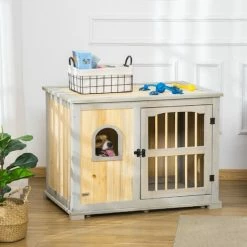 PawHut Wooden Dog Crate Furniture Style Side Table W/ Lockable Door, Window -PawHut Shop 54848601 3