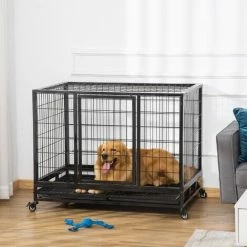 PawHut Metal Kennel Cage With Wheels And Crate Tray For Pet Dog Large Black -PawHut Shop 5705167 3