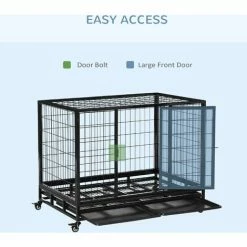PawHut Metal Kennel Cage With Wheels And Crate Tray For Pet Dog Large Black -PawHut Shop 5705167 5