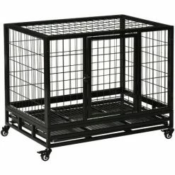 PawHut Metal Kennel Cage With Wheels And Crate Tray For Pet Dog Medium Black