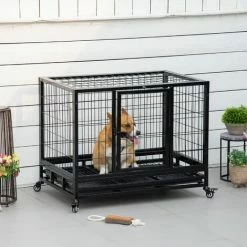 PawHut Metal Kennel Cage With Wheels And Crate Tray For Pet Dog Medium Black -PawHut Shop 5705168 3