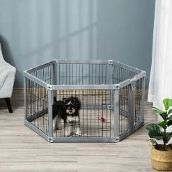 PawHut Dog Play Pen 6 Panel Pet Playpen Foldable Rabbit Guinea Pig Run W/ Door -PawHut Shop 58213283 3