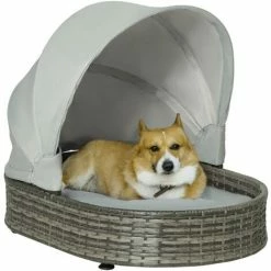 PawHut Wicker Pet Bed For Small Medium Dogs W/ Adjustable Canopy Cushion, Grey