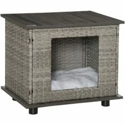PawHut Wicker Dog House W/ Soft Cushion Adjustable Feet 60 X 44 X 51.5 Cm