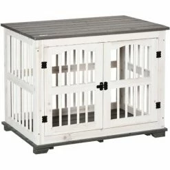 PawHut Wooden Dog Crate Pet Kennel Cage End Table For Small Medium Dogs White