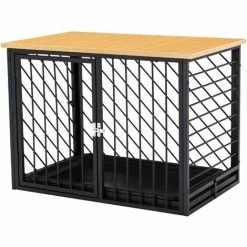 PawHut Steel Dog Cage W/ Wooden Top Removable Tray 53H X 76L X 48W, Black
