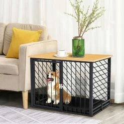 PawHut Steel Dog Cage W/ Wooden Top Removable Tray 53H X 76L X 48W, Black -PawHut Shop 59633287 3