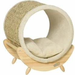 PawHut Raised Kitten Bed Pet Shelter W/ Scratcher Cushion, Beige 41 X 38 X 43 Cm