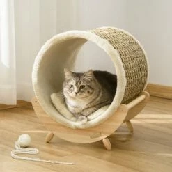 PawHut Raised Kitten Bed Pet Shelter W/ Scratcher Cushion, Beige 41 X 38 X 43 Cm -PawHut Shop 59633288 3