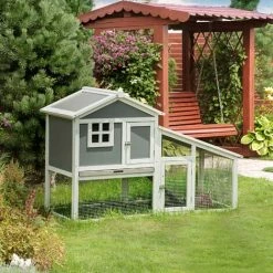 PawHut Two-Tier Rabbit Hutch W/ Sunlight Panel Roof, Slide-Out Tray - Grey -PawHut Shop 60704956 3