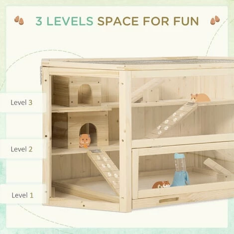 PawHut Three-Tier Wooden Hamster Cage Gerbil Play Centre w/ Sliding Tray, Ramps PawHut Three-Tier Wooden Hamster Cage Gerbil Play Centre W/ Sliding Tray, Ramps -PawHut Shop 60881839 5