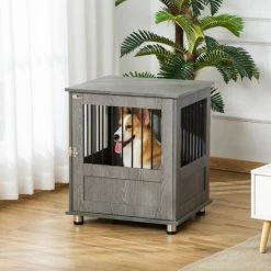 PawHut Dog Crate Kennel Wooden Cage For Small Dog, Indoor End Table, Grey -PawHut Shop 60881842 3