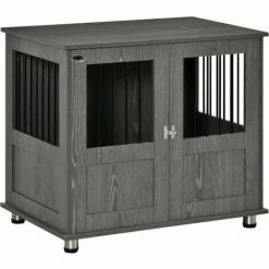 PawHut Dog Crate Kennel Wooden Cage For Small Medium Dog, Indoor End Table, Grey
