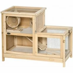PawHut Two-Tier Wooden Hamster Cage W/ Seesaw, Sliding Tray, Exercise Wheel