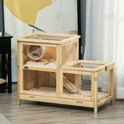 PawHut Two-Tier Wooden Hamster Cage W/ Seesaw, Sliding Tray, Exercise Wheel -PawHut Shop 63681892 3