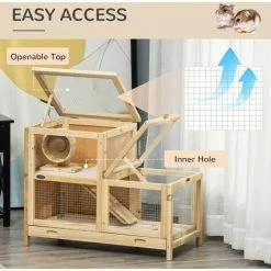 PawHut Two-Tier Wooden Hamster Cage W/ Seesaw, Sliding Tray, Exercise Wheel -PawHut Shop 63681892 4