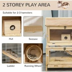 PawHut Wooden Hamster Cage W/ Tray, Running Wheel, Seesaw, Ladder - Natural -PawHut Shop 63681921 4