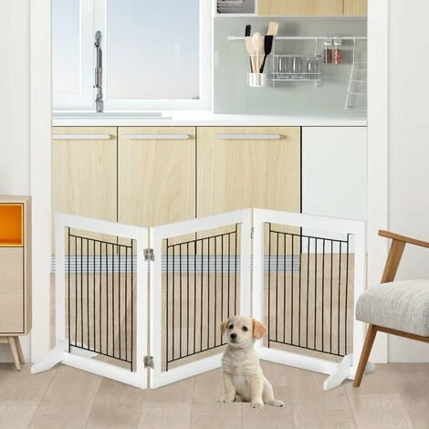 PawHut Foldable Wooden Pet Gate w/ 3 Panels 2 Support Feet for Small Dogs White PawHut Foldable Wooden Pet Gate W/ 3 Panels 2 Support Feet For Small Dogs White -PawHut Shop 63681958 3