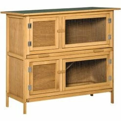 PawHut Double Decker Rabbit Hutch Bunny Cage Pet House Outdoor W/ Tray, Yellow